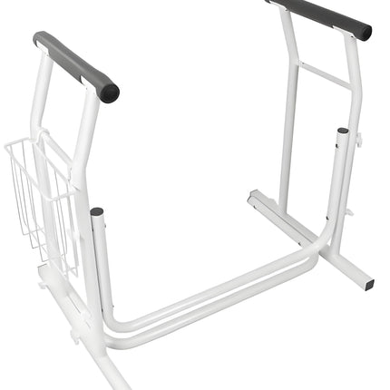 Ergonomic toilet riser with height-adjustable, non-slip armrests and practical basket – ideal for seniors and people with limited mobility