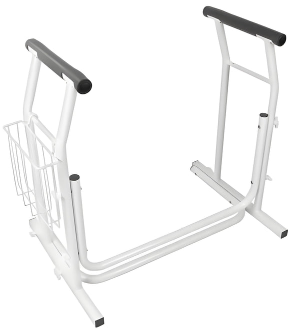 Ergonomic toilet riser with height-adjustable, non-slip armrests and practical basket – ideal for seniors and people with limited mobility