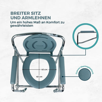 Mobiclinic®, Commode chair with wheels, Muelle, European brand, For the elderly and disabled, Non-slip, Lid, Padded armrests, Chrome steel, Height adjustable, Bucket easy to pull out