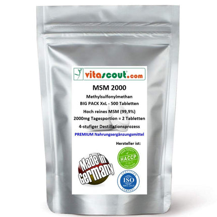 MSM - Methylsulfonylmethane - 500 tablets - 2000mg daily serving (=2 tablets) - 99.9% purity - LABORATORY TESTED - MADE IN GERMANY - high dosage