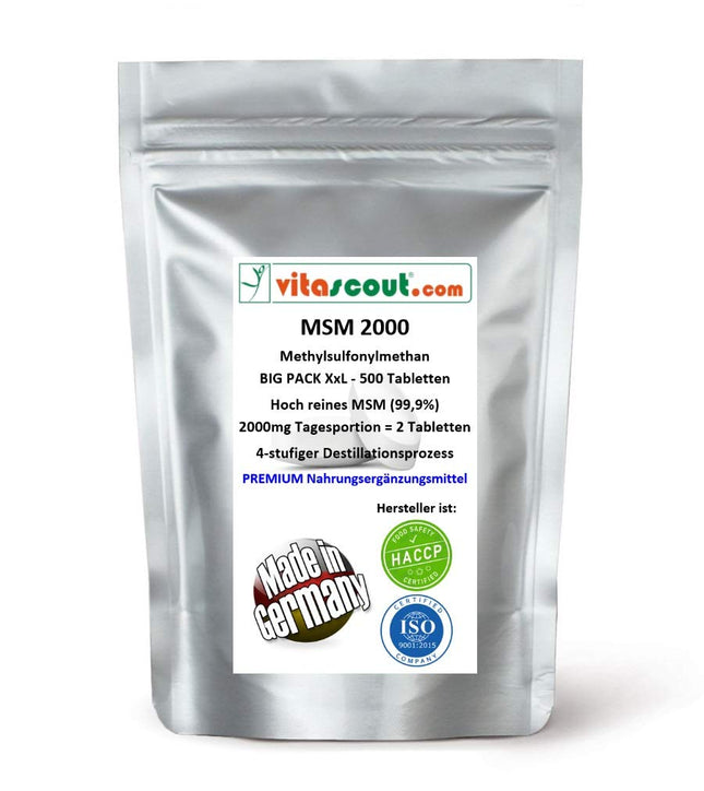 MSM - Methylsulfonylmethane - 500 tablets - 2000mg daily serving (=2 tablets) - 99.9% purity - LABORATORY TESTED - MADE IN GERMANY - high dosage