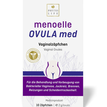 menoelle® OVULA med - Vaginal Suppositories. For bacterial vaginosis, vaginal yeast infections, and vaginal dryness. With lactic acid and hyaluronic acid. Hormone-free and preservative-free. 10 suppositories.
