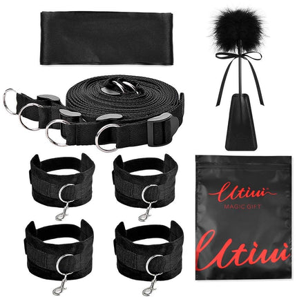 UTIMI BDSM Bondage Set Bed Restraints - Sex Toy with Rope Blindfold Handcuffs Ankle Cuffs Bed Set Restraints Sex Toy Erotic Restraint Set for Lovers Extreme Beginners and Experienced Couples, Black
