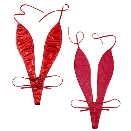 ROSVAJFY leather lingerie wetlook women's lingerie faux leather halter neck lingerie one piece backless leather dress bodysuit nightdresses clubwear underwear SML XL (red)