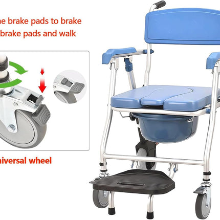 Generic Commode Chair with Wheels for Seniors 150kg Foldable Commode Chair with Armrest Mobile Commode Chair Shower Chair with Wheels WC Chair with Removable Bucket
