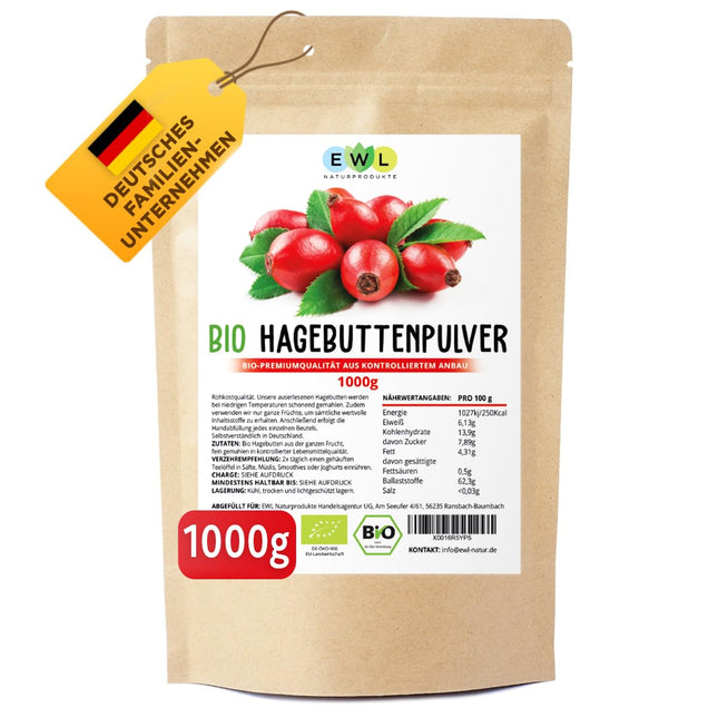 EWL Naturprodukte Organic Rosehip Powder 1kg, whole rosehip ground in raw food quality, vegan, organic rosehip powder from controlled organic cultivation