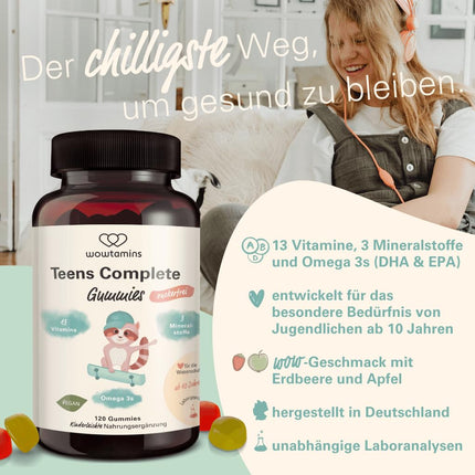 wowtamins Teens Complete sugar-free - Vitamins for teenagers (30-day supply) - Multivitamin Gummies with Omega 3 - Dietary supplement for the immune system with vitamins C, D3, B12, zinc &amp; more