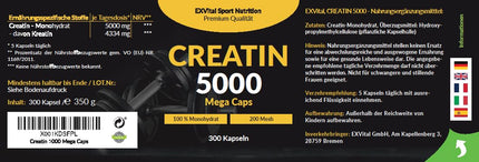 Creatine 5000 Mega Capsules, 5000 mg creatine monohydrate per daily dose, 300 vegan capsules, 100% pure with mesh factor 200 - Vegan &amp; laboratory tested