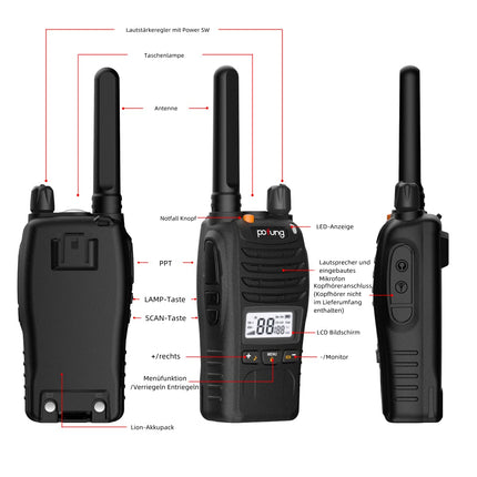 pofung PT88 PRO Professional License-Free PMR446 Portable Rechargeable Walkie Talkie, 16 Channels, LED Screen, Flashing Alarm, TOT, CTCSS/DCS, VOX and USB (Camping, Adventure) (2 Pack)