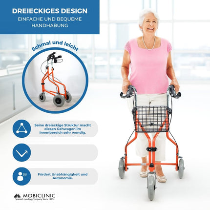 Mobiclinic, Caleta model, Rollator, Walker for seniors and disabled people, With 3 wheels, Foldable walking aid, Steel, Adjustable, Basket, Carrying bag, Brakes on the levers, Orange