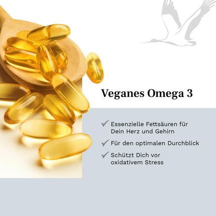 Vegan Omega 3 high-dose - 1500 mg per daily dose with 450 DHA &amp; 225 EPA from algae oil - 90 capsules 1 month - Omega 3 algae oil capsules with branded raw material life'sOMEGA® - Fish-free - Balanced Vitality
