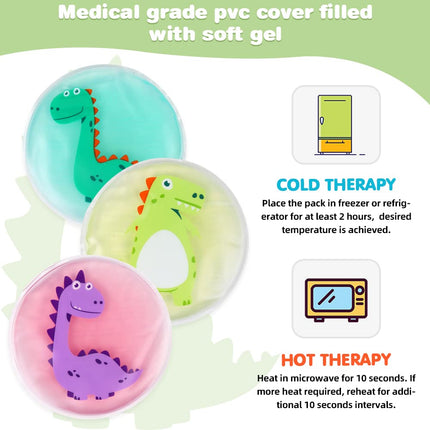 Hilph Cooling Pads for Children with Non-Toxic Gel for Injuries (3 Pack), 11 x 11 cm Dinosaur Small Ice Packs Cold &amp; Warm Compress Ice Pack for Wisdom Tooth, Bumps, Fever, Bruises, Insect Bites