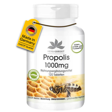 Propolis 1000mg - high dosage - 120 tablets - with 3% galangin | HERBADIREKT by Warnke Vitalstoffe - German pharmacy quality