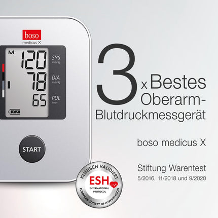 boso medicus X - Best upper arm blood pressure monitor (Stiftung Warentest 5/2016, 11/2018, and 9/2020) with one-button operation, large display, and arrhythmia detection – With standard cuff (22-32 cm)