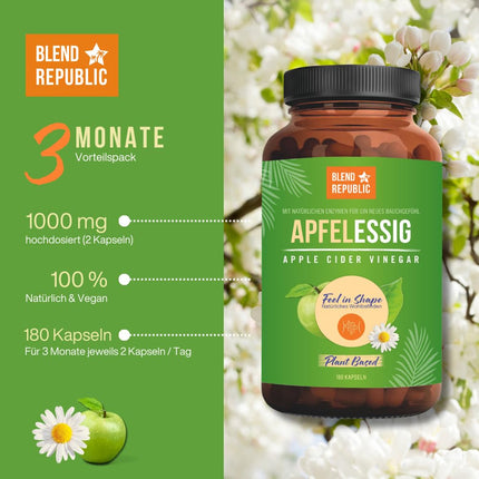 BLEND REPUBLIC® 180 x Apple Cider Vinegar Capsules High Dose &amp; Natural | 1000mg Apple Cider Vinegar per Daily Dose | Vegan &amp; Laboratory Tested | Apple Cider Vinegar | 3 Month Supply