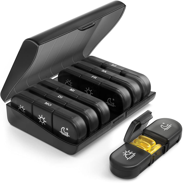 AUVON Weekly Pill Box 7 Days 3 Compartments, Portable Pill Box with Large Separate Compartments for Medications, Vitamins, Fish Oil, Supplements, etc. (Black)
