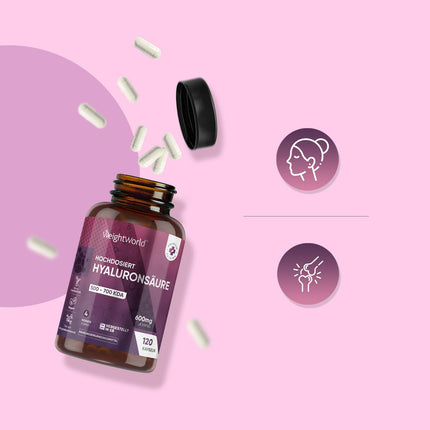 Hyaluronic Acid Capsules - 600mg per Capsule - 120 Vegan Hyaluronic Capsules - 4 Month Supply - Molecule Size (500-700 KDA) - Hyaluronic Acid - Serum Alternative - WeightWorld