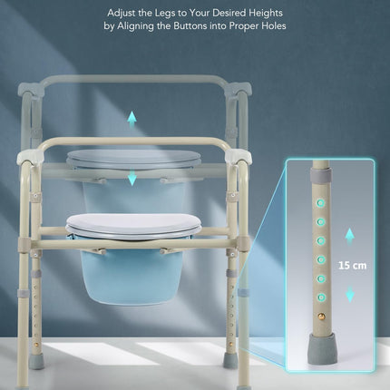 CO-Z Commode Chair for Seniors 135kg Foldable Commode Chair with Armrest Hygienic Commode Chair Toilet Aid WC Chair Height Adjustable Chair for Toilet with Removable Bucket