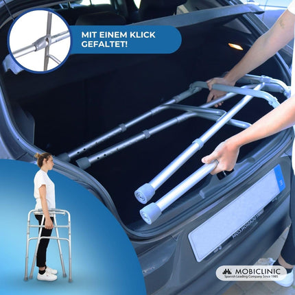 Mobiclinic®, Walking Aid, Walking Frame, Narrow, Stable, Foldable, 4 Rubber Feet, Made of Aluminum, Lightweight, European Brand, Height Adjustable, Ergonomic Handles, Only 2.5 kg, Silver, Model Columna