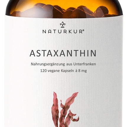 Naturkur® Astaxanthin 8 mg - 120 capsules in a pharmacist's glass jar - Premium raw material from the microalgae Haematococcus Pluvialis, vegan, without additives, handmade in Lower Franconia