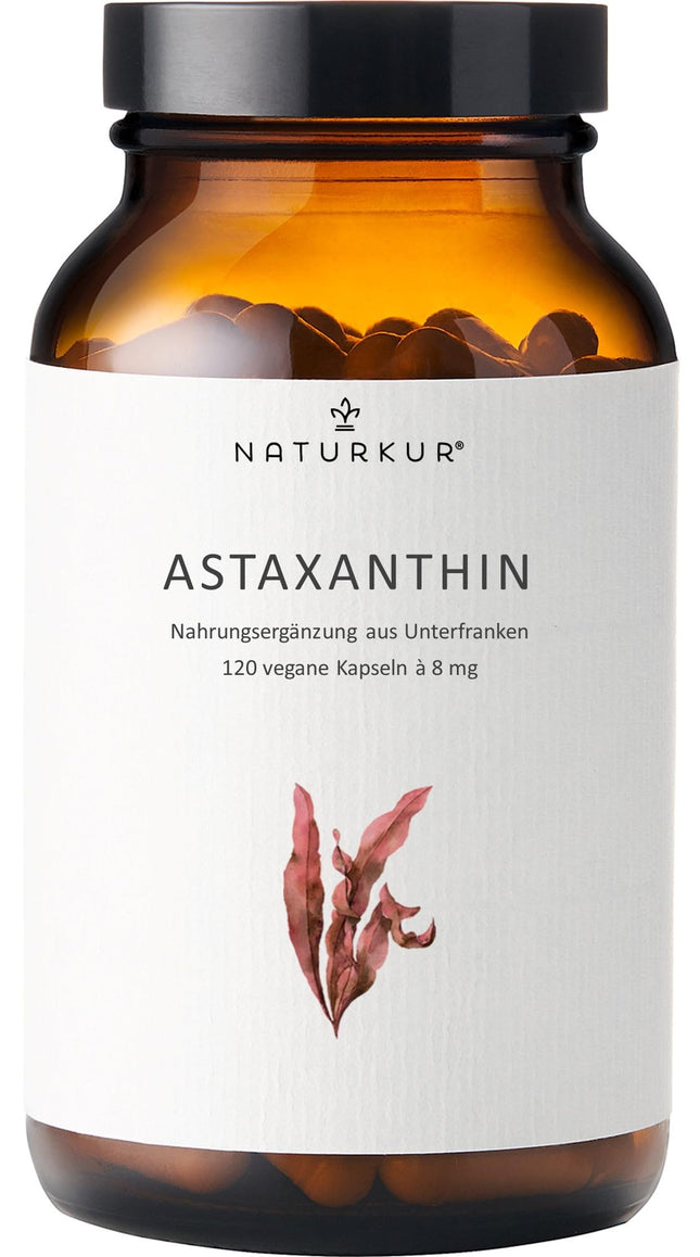 Naturkur® Astaxanthin 8 mg - 120 capsules in a pharmacist's glass jar - Premium raw material from the microalgae Haematococcus Pluvialis, vegan, without additives, handmade in Lower Franconia