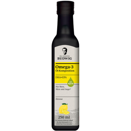 Dr. Johanna Budwig Omega 3 DHA+EPA Lemon (250ml) - Linseed oil &amp; Omega 3 algae oil - high dosage (EPA DHA) - vegan liquid algae oil, for children
