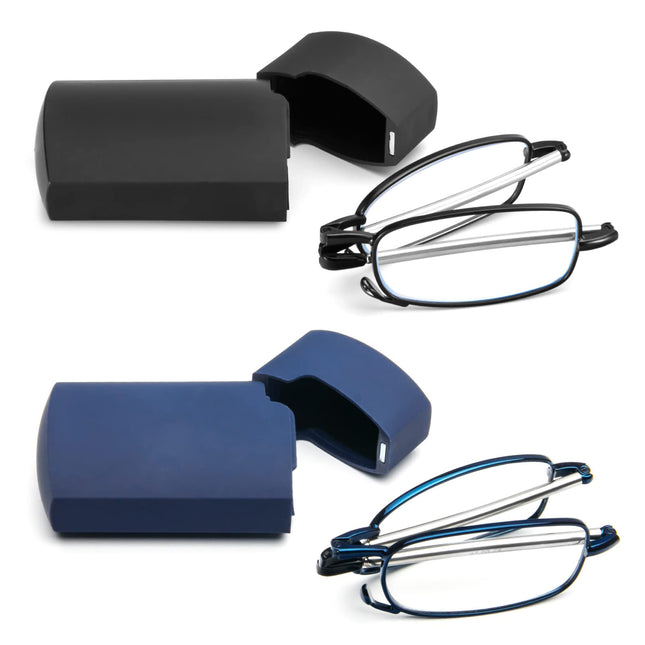 KoKoBin Foldable 2 Pack Reading Glasses Made of Stainless Steel Mini Anti-Blue Vision Aid for Men and Women Reading Aid with Hard Case 2.0