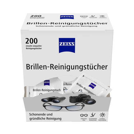 ZEISS eyeglass cleaning wipes with alcohol (200 wipes) for gentle and thorough cleaning of your lenses – each wipe individually wrapped – ideal for on the go or when traveling
