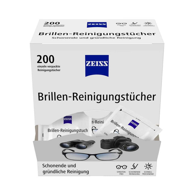 ZEISS eyeglass cleaning wipes with alcohol (200 wipes) for gentle and thorough cleaning of your lenses – each wipe individually wrapped – ideal for on the go or when traveling