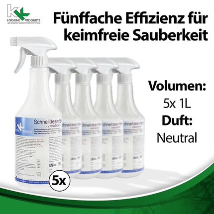KK Quick Disinfectant in a practical spray bottle, 5 x 1 L, surface disinfectant, fragrance: neutral, spray for disinfecting surfaces such as worktops, door handles, toys
