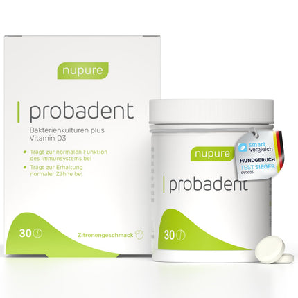 Nupure Probadent | Lozenges with bacterial cultures for the oral flora, lemon flavor, fresh breath against bad breath | Oral hygiene without mouthwash or tongue cleaner (30 capsules - 30 days)