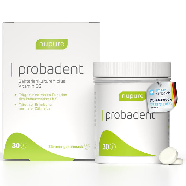 Nupure Probadent | Lozenges with bacterial cultures for the oral flora, lemon flavor, fresh breath against bad breath | Oral hygiene without mouthwash or tongue cleaner (30 capsules - 30 days)