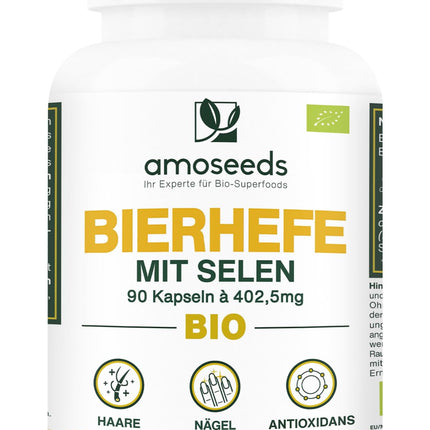 Organic Brewer's Yeast | Hair and Nails | Live Yeast, 1200 mg / day, Gluten-free | Enriched with Selenium | 90 Vegan Capsules | Top Quality