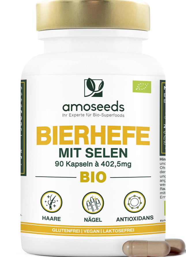 Organic Brewer's Yeast | Hair and Nails | Live Yeast, 1200 mg / day, Gluten-free | Enriched with Selenium | 90 Vegan Capsules | Top Quality