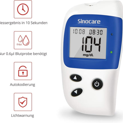 sinocare blood glucose meter, glucose monitor with blood glucose test strips 100, pain-free fast blood glucose alarm lamp, mg/dL