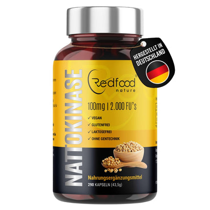 Redfood® Nattokinase Capsules High Dose 290 Capsules 100 mg each (20,000 FU/g) - 9 Month Supply - Laboratory Tested and Vegan - Natto from Fermented Soybean Extract - No Unwanted Additives