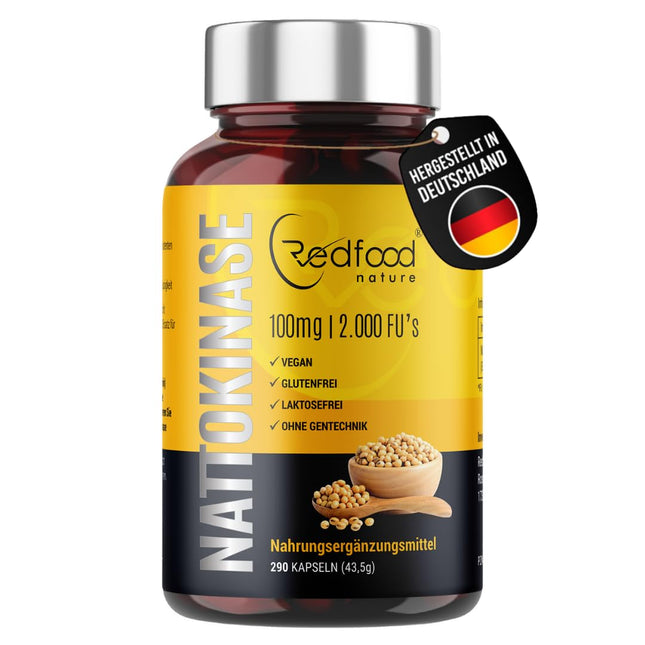 Redfood® Nattokinase Capsules High Dose 290 Capsules 100 mg each (20,000 FU/g) - 9 Month Supply - Laboratory Tested and Vegan - Natto from Fermented Soybean Extract - No Unwanted Additives
