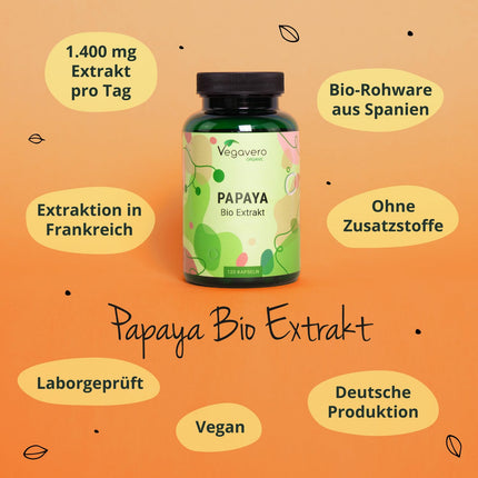 Organic Papaya Capsules Vegavero® | High Dosage: 1400 mg Extract | 120 Capsules | 100% Organic | Vegan &amp; No Additives | Laboratory Tested