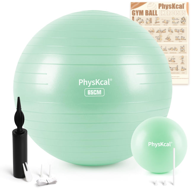 PhysKcal 65cm Light Turquoise Thick Exercise Ball and 23cm Pilates Ball Set, Anti-Burst Exercise Ball, Anti-Slip Seat Ball, Balance Ball, Yoga Ball for Home, Gym and Office