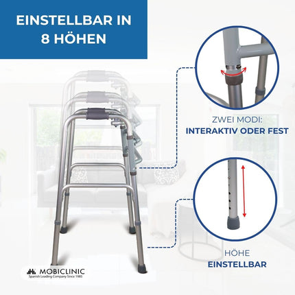 Mobiclinic®, Walking Aid, Mezquita, European Brand, Walking Frame, Foldable, Lightweight, Height Adjustable, For Seniors, Made of Aluminum, Non-Slip, Ergonomic Handles, Up to 100 kg, Silver