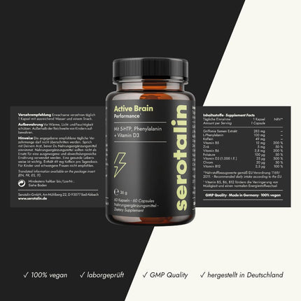 serotalin ORIGINAL HAPPY ENERGY Capsules | +Griffonia +Vitamin D3 high dose +B12 +B6 +Phenylalanine +Zinc +Chromium +Caffeine | 100% vegan &amp; made in Germany | 2 months