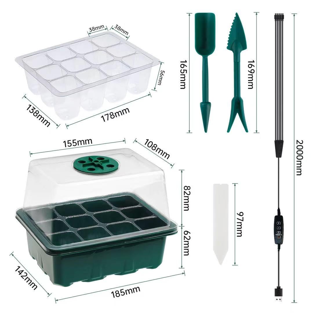 5 Stück Mini Gewächshaus mit erhöhten Deckel, Setzling Starter mit Pflanzenlichter, Gewächshaus Klein Grow Zubehör, Tabletts Treibhaus Anzuchtschale Zimmergewächshaus Anzuchtkasten Set (Green-A)