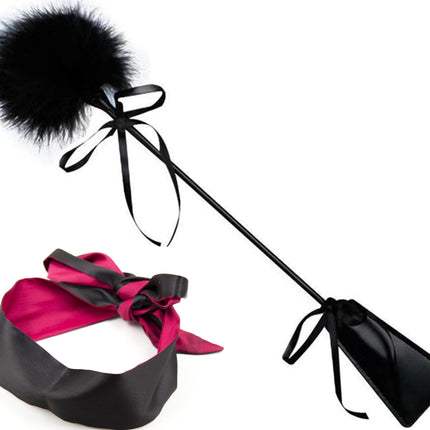 Erotic play satin black and white eye mask blindfold with feather tickler love feather, leather slapper hand spanking paddle BDSM fetish bondage set sex toy for couples SM