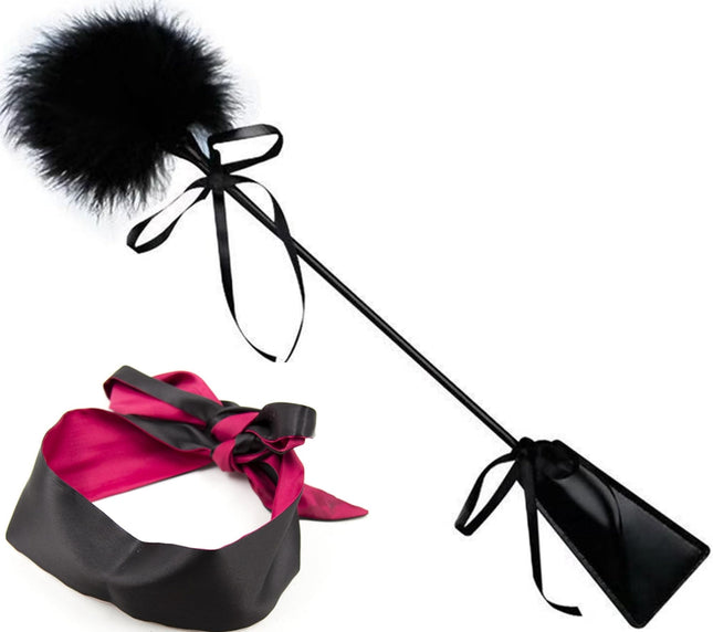 Erotic play satin black and white eye mask blindfold with feather tickler love feather, leather slapper hand spanking paddle BDSM fetish bondage set sex toy for couples SM