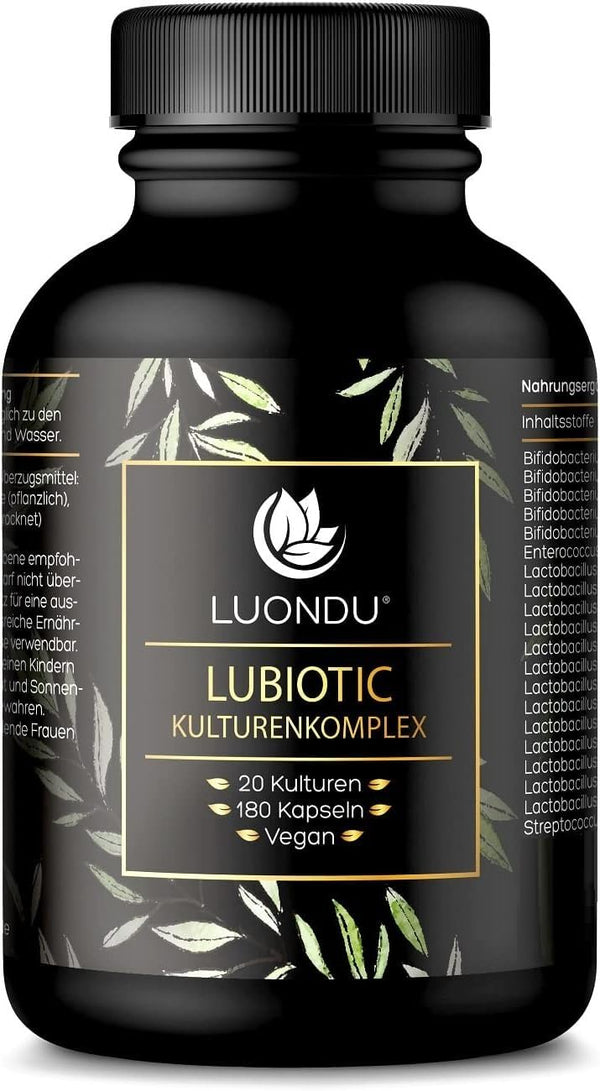 Culture complex with 350 billion CFU/g* 20 bacterial strains + organic acacia fiber - 180 capsules, enteric-coated &amp; vegan - 20 billion CFU per daily dose - Luondu LUBIOTIC Culture Complex High Dose