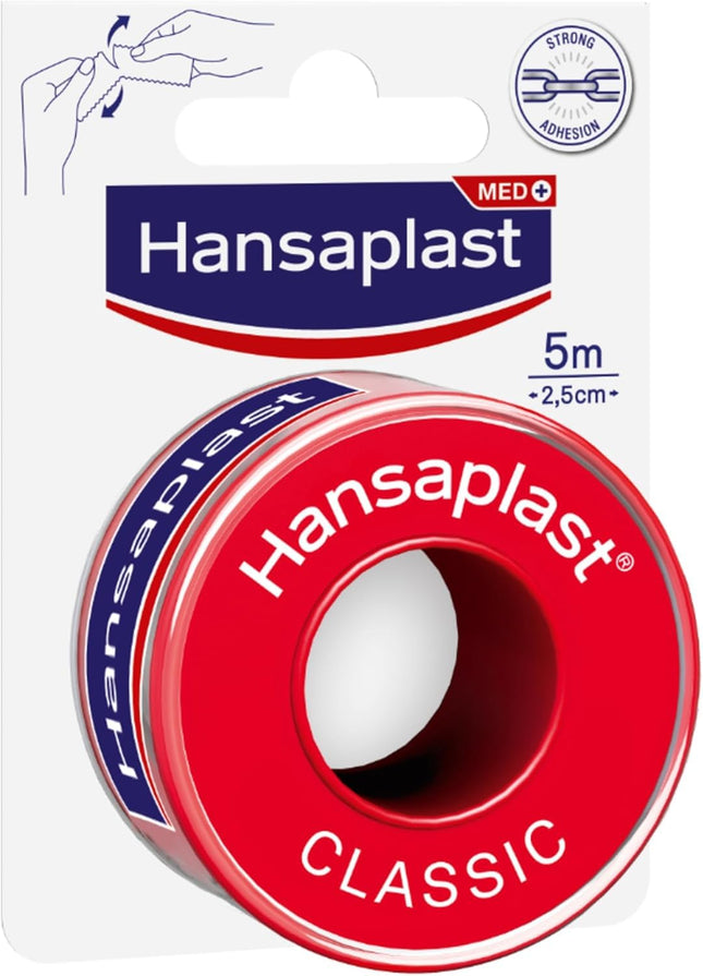 Hansaplast Fixation Plaster Classic (5 mx 2.5 cm), tape for easy and secure fixation of wound dressings, adhesive plaster roll with strong adhesive power.