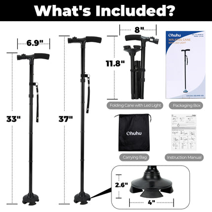 Walking Stick with LED Light, Ohuhu Walking Stick for Men &amp; Women, Foldable Height Adjustable, Walking Aid with Carrying Bag, Gifts for Seniors &amp; Adults