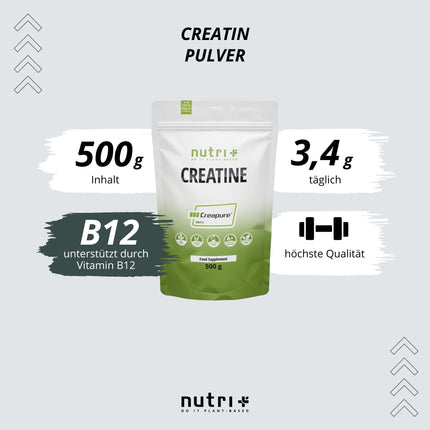 Nutri + Creapure 500g - Creatine Monohydrate Powder - 100% Pure - Ultra Fine Creatine Neutral High Dose - Vegan Creatine Powder from Germany