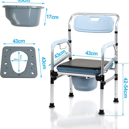 Vkechh Height-adjustable toilet chair, anti-slip toilet chair with padded seat and toilet bucket, armrest and backrest, foldable portable toilet bucket, shower stool up to 160 kg