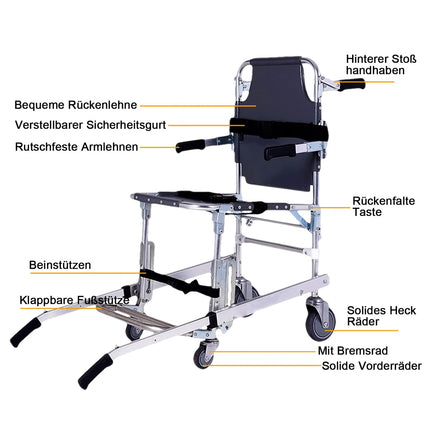 EMS Stair Chairs, Gguwug Transfer Stair Chair Lift Assist Devices Aluminum Lightweight Stairlifts Foldable Transport Wheelchair with 2-Wheel, Load 350Lbs with Quick Release Buckles